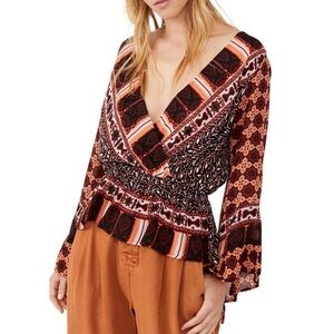 Free People Rosalie wrap top Bohemian Print V-Neck in coral combo